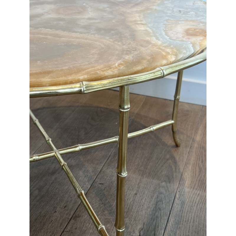 Round Coffee Table in Faux-Bamboo Bronze with an Onyx Top, | Maison Barrois