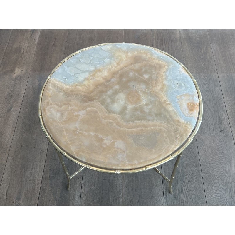 Round Coffee Table in Faux-Bamboo Bronze with an Onyx Top, | Maison Barrois
