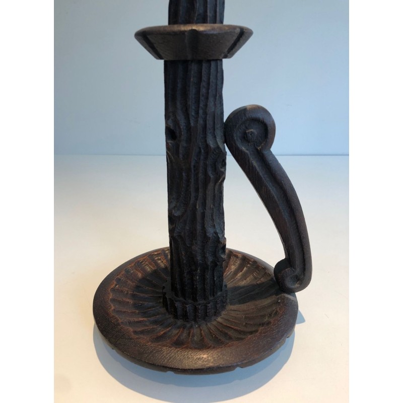 Pair of Brutalist Carved Wood Candleholders, French Work, circa 1950