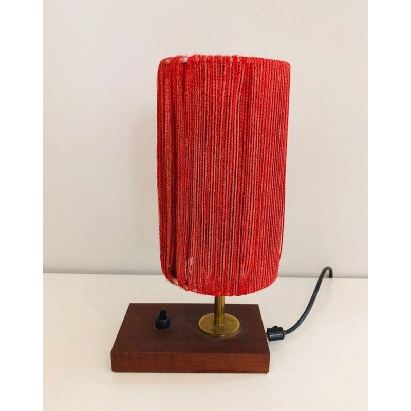 Small Wood, Brass & Wool Table Lamp, French Mid-Century, circa 1950