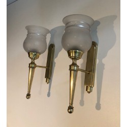 Pair of Torch-Form Brass Sconces with Frosted Glass Tulips | Maison Barrois