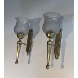 Pair of Torch-Form Brass Sconces with Frosted Glass Tulips | Maison Barrois