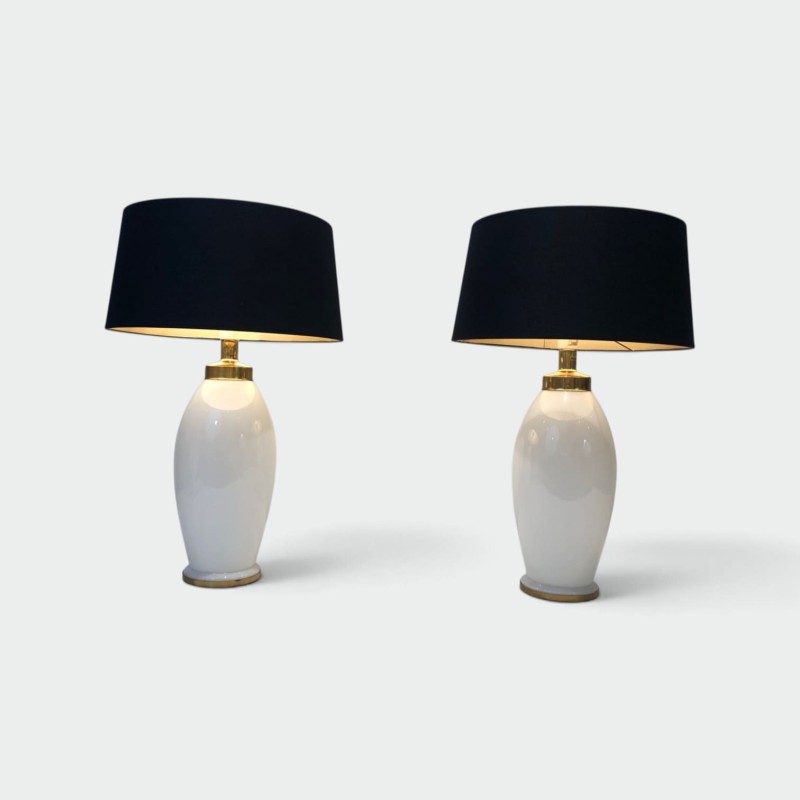 Pair of White Ceramic Lamps of Ovoid Form with Brass Mount | Maison Barrois