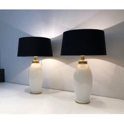 Pair of White Ceramic Lamps of Ovoid Form with Brass Mount | Maison Barrois