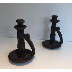 Pair of Brutalist Carved Wood Candleholders, French Work, circa 1950
