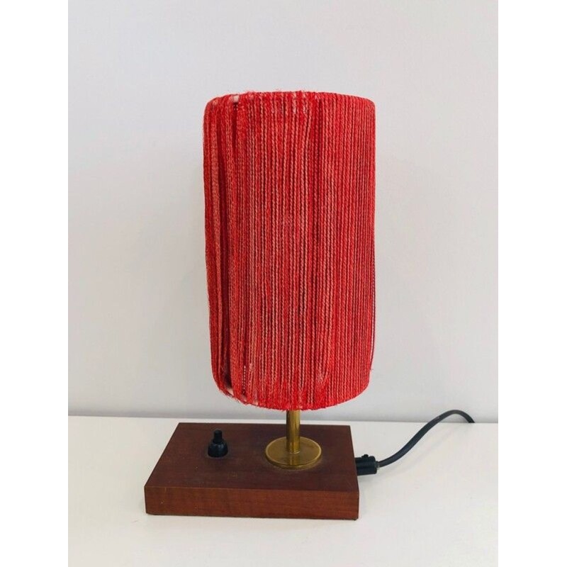 Petite Lampe Bois, Laiton et Laine, Travail Français, vers 1950