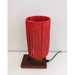 Small Wood, Brass & Wool Table Lamp, French Mid-Century, circa 1950