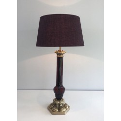 Lampe Cristal Rouge et Bronze Cisélé, Attr. Cristal & Bronze Paris, v.1940