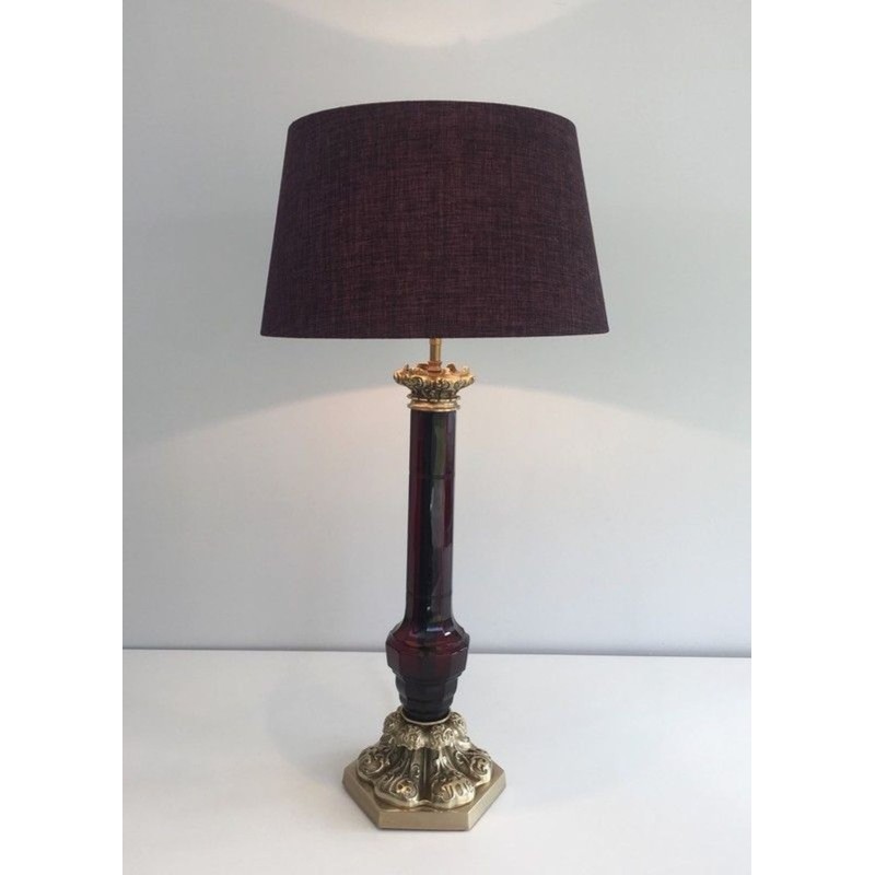 Lampe Cristal Rouge et Bronze Cisélé, Attr. Cristal & Bronze Paris, v.1940