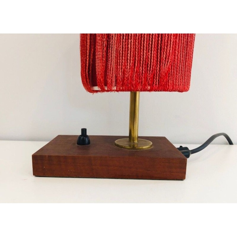 Small Wood, Brass & Wool Table Lamp, French Mid-Century, circa 1950