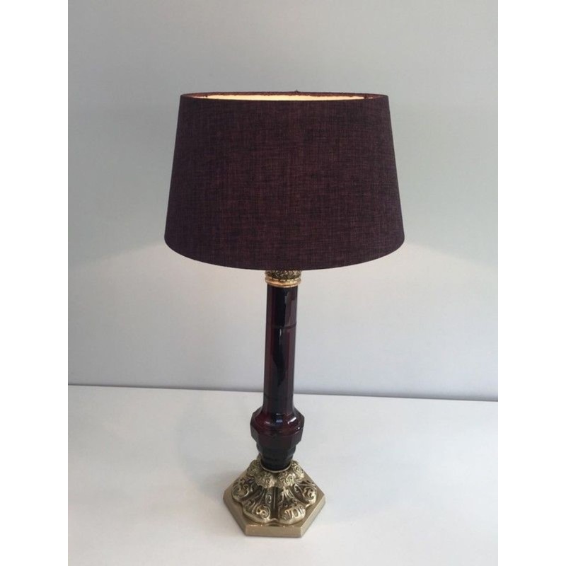 Lampe Cristal Rouge et Bronze Cisélé, Attr. Cristal & Bronze Paris, v.1940