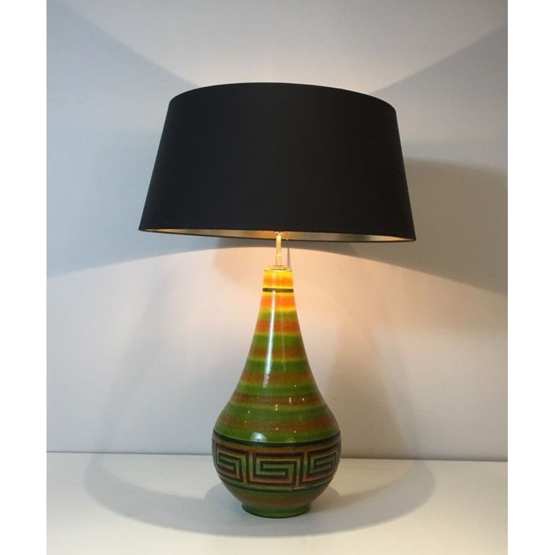Lampe Céramique à Clés Grecques, Travail Français, vers 1970