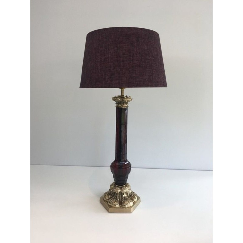 Lampe Cristal Rouge et Bronze Cisélé, Attr. Cristal & Bronze Paris, v.1940