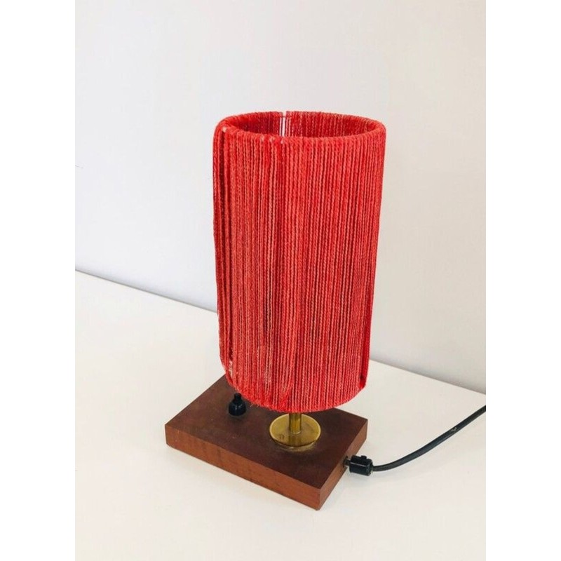 Petite Lampe Bois, Laiton et Laine, Travail Français, vers 1950