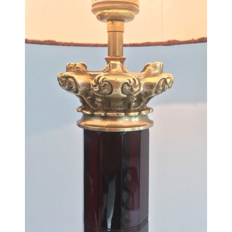 Lampe Cristal Rouge et Bronze Cisélé, Attr. Cristal & Bronze Paris, v.1940