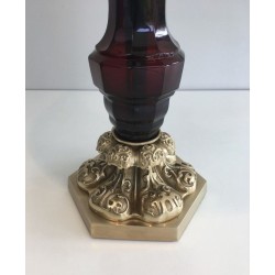 Red Crystal & Bronze Table Lamp, Attr. Cristal & Bronze Paris, c.1940