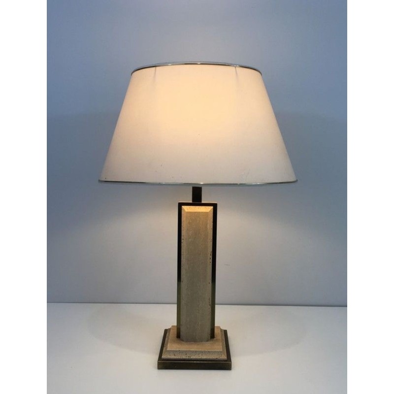 Lampe Travertin et Chrome Doré, Travail Français, vers 1970