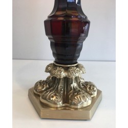 Red Crystal & Bronze Table Lamp, Attr. Cristal & Bronze Paris, c.1940