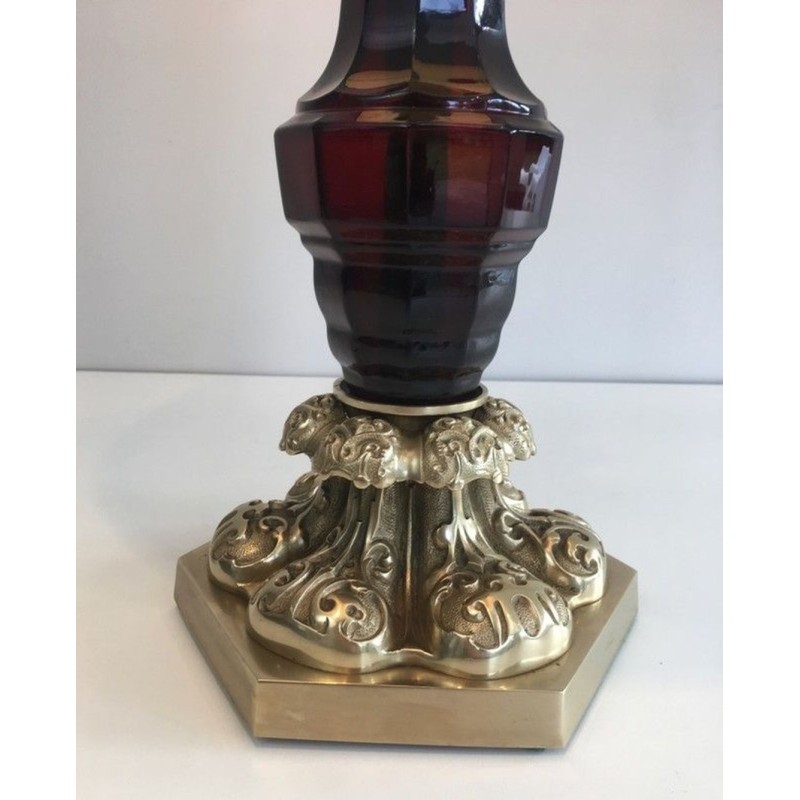 Lampe Cristal Rouge et Bronze Cisélé, Attr. Cristal & Bronze Paris, v.1940