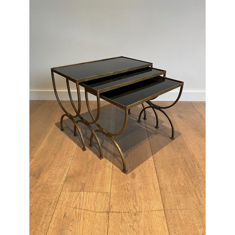 Set of Three Gilt Wrought Iron Nesting Tables with Curule Base, Neoclassical, French Work, by Maison Ramsay, circa 1940