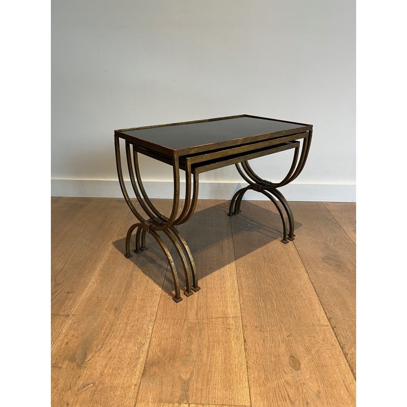 Set of Three Gilt Wrought Iron Nesting Tables with Curule Base, Neoclassical, French Work, by Maison Ramsay, circa 1940