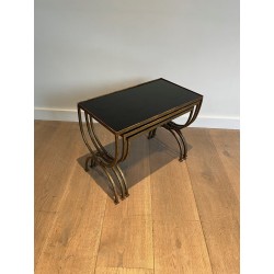 Set of Three Gilt Wrought Iron Nesting Tables with Curule Base, Neoclassical, French Work, by Maison Ramsay, circa 1940