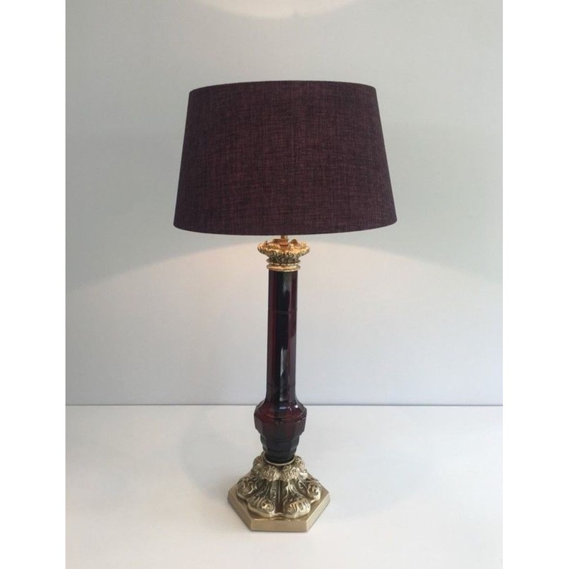 Lampe Cristal Rouge et Bronze Cisélé, Attr. Cristal & Bronze Paris, v.1940