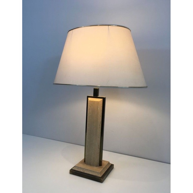 Lampe Travertin et Chrome Doré, Travail Français, vers 1970