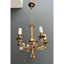 Petit Lustre en Bronze à Décors de Nœud, Louis XVI, Travail Français, vers 1920