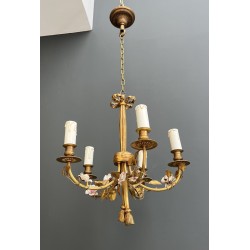 Petit Lustre en Bronze à Décors de Nœud, Louis XVI, Travail Français, vers 1920