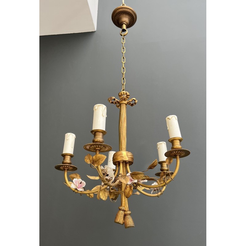 Petit Lustre en Bronze à Décors de Nœud, Louis XVI, Travail Français, vers 1920