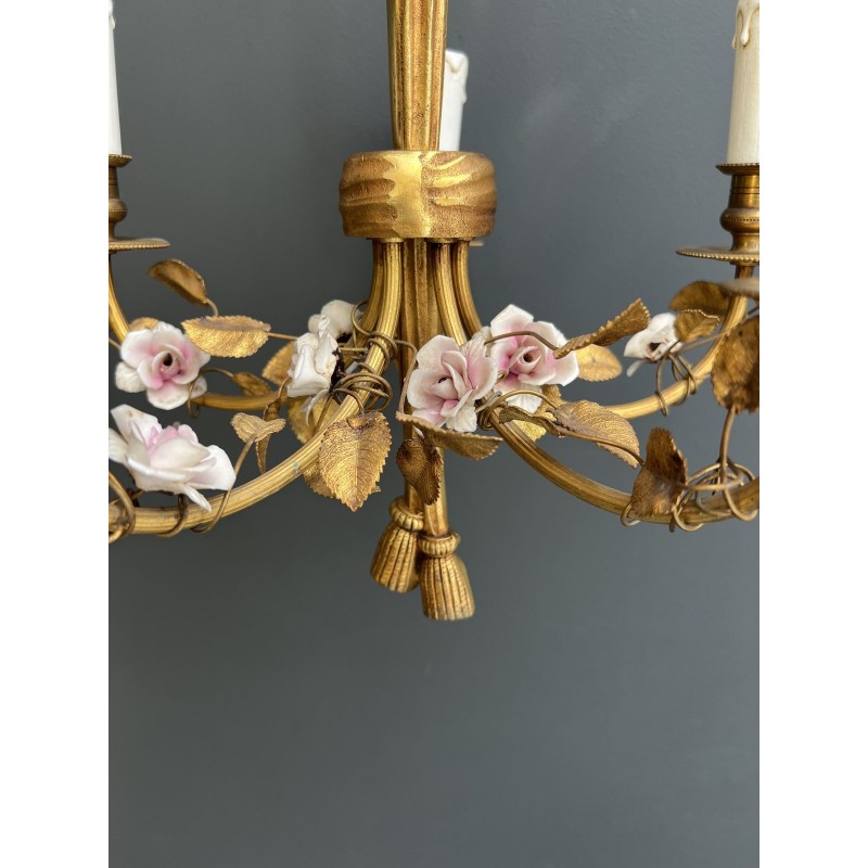 Chandelier in Gilt Bronze with a Ribbon Bow and Porcelain Flowers, Louis XVI, French Work, circa 1920
