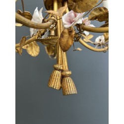 Chandelier in Gilt Bronze with a Ribbon Bow and Porcelain Flowers, Louis XVI, French Work, circa 1920