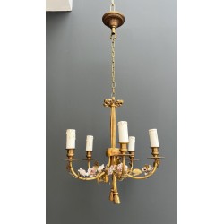 Chandelier in Gilt Bronze with a Ribbon Bow and Porcelain Flowers, Louis XVI, French Work, circa 1920