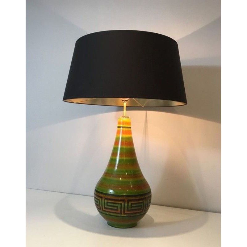 Lampe Céramique à Clés Grecques, Travail Français, vers 1970
