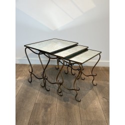 Set of Three Hammered and Gilt Wrought Iron Nesting Tables with Interlacing, Neoclassical, French Work, by René Prou, circa 1940