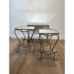 Set of Three Hammered and Gilt Wrought Iron Nesting Tables with Interlacing, Neoclassical, French Work, by René Prou, circa 1940