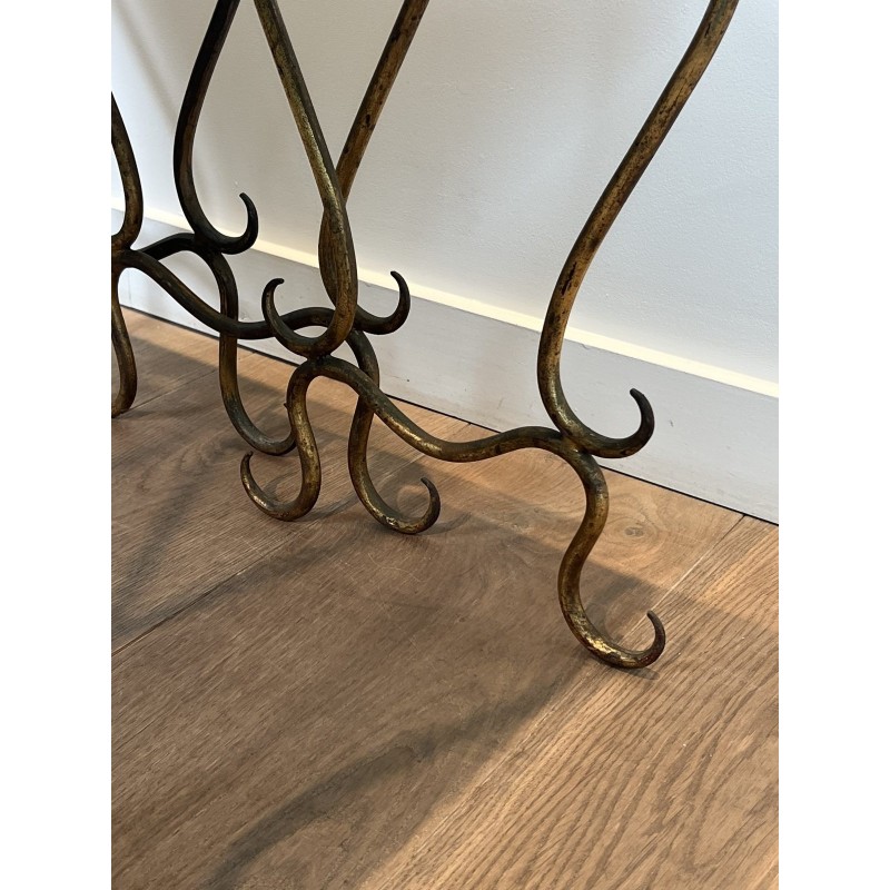 Set of Three Hammered and Gilt Wrought Iron Nesting Tables with Interlacing, Neoclassical, French Work, by René Prou, circa 1940