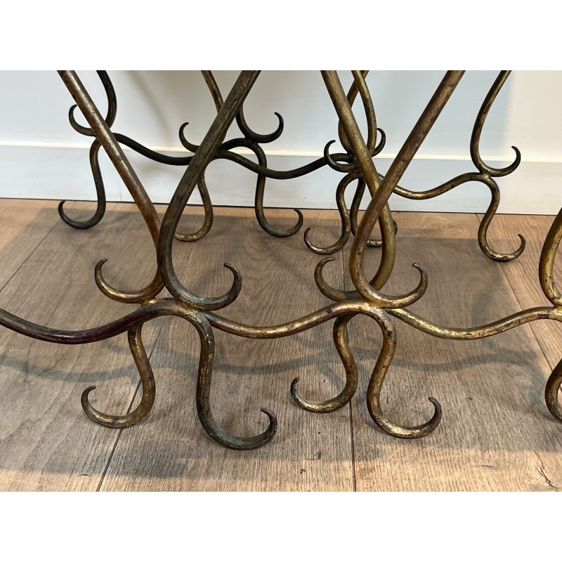 Set of Three Hammered and Gilt Wrought Iron Nesting Tables with Interlacing, Neoclassical, French Work, by René Prou, circa 1940