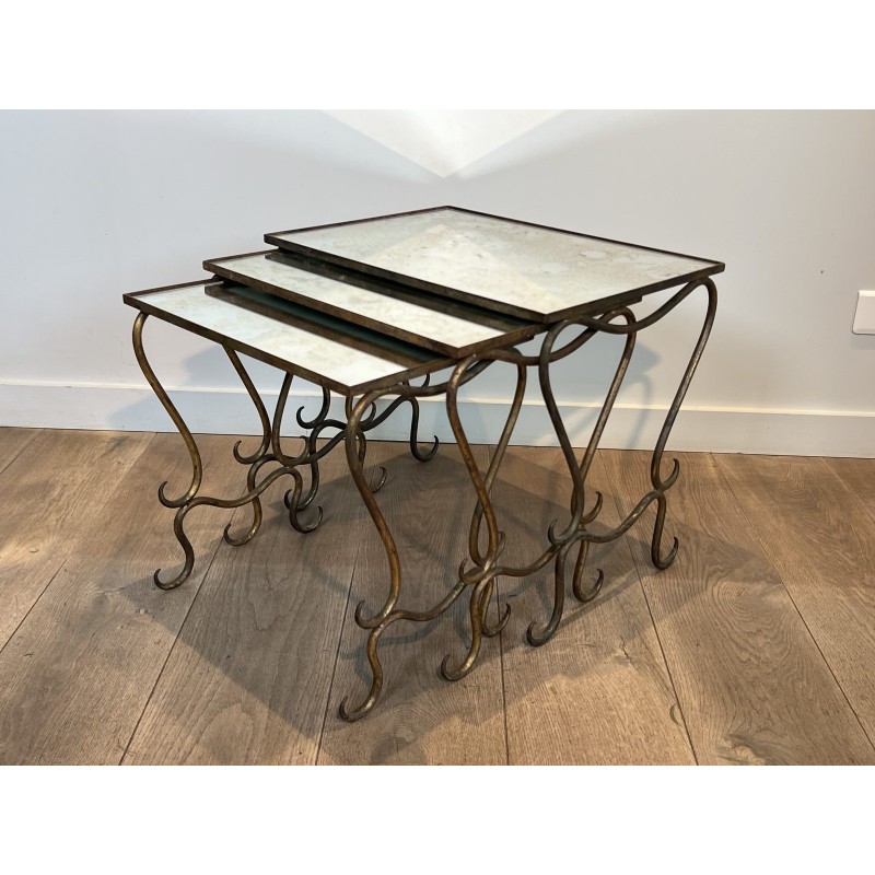 Set of Three Hammered and Gilt Wrought Iron Nesting Tables with Interlacing, Neoclassical, French Work, by René Prou, circa 1940