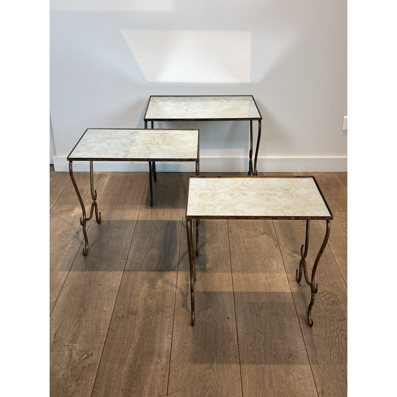 Set of Three Hammered and Gilt Wrought Iron Nesting Tables with Interlacing, Neoclassical, French Work, by René Prou, circa 1940