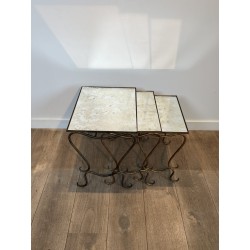 Set of Three Hammered and Gilt Wrought Iron Nesting Tables with Interlacing, Neoclassical, French Work, by René Prou, circa 1940