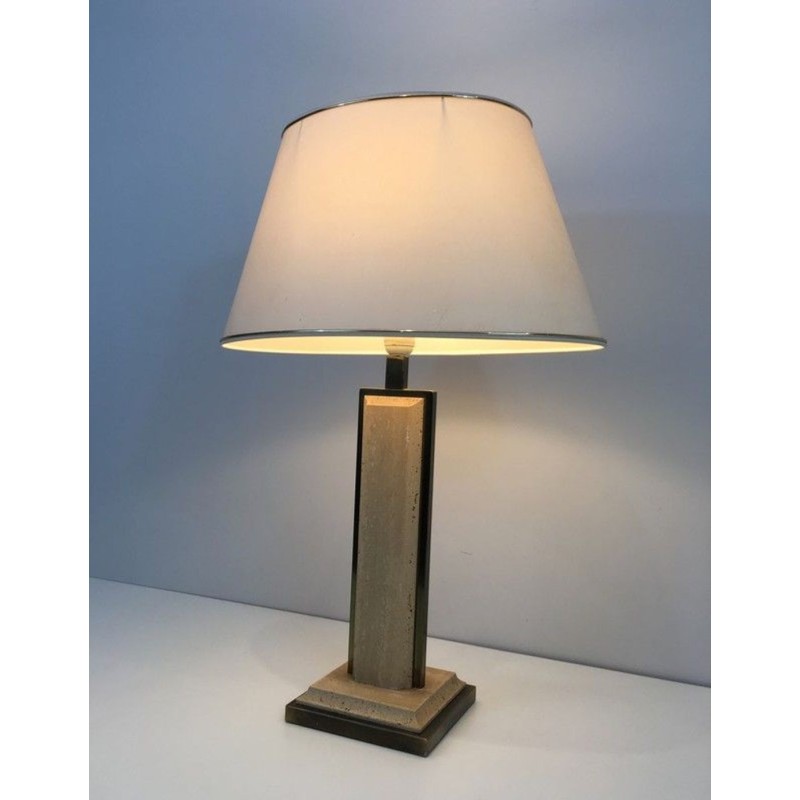 Lampe Travertin et Chrome Doré, Travail Français, vers 1970