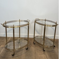 Pair of Graduated Oval Bar Carts in Brass with an Openwork, Neoclassical, French Work, in the Style of Maison Baguès, circa 1950
