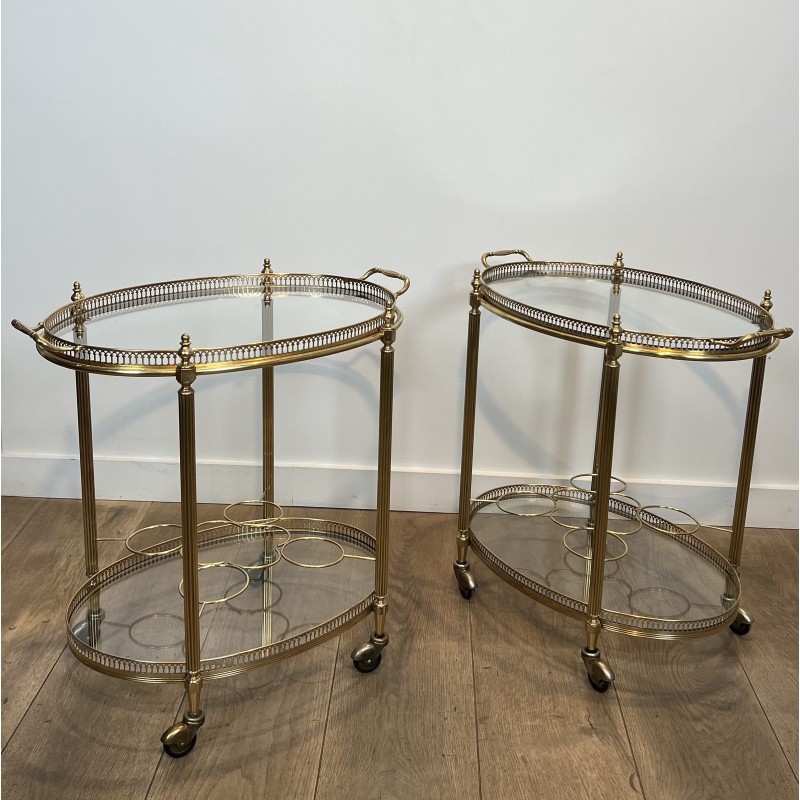 Pair of Graduated Oval Bar Carts in Brass with an Openwork, Neoclassical, French Work, in the Style of Maison Baguès, circa 1950