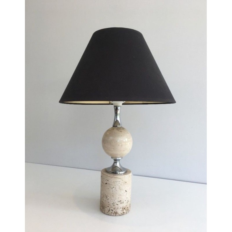 Travertine & Chrome Table Lamp by Philippe Barbie, French, circa 1970