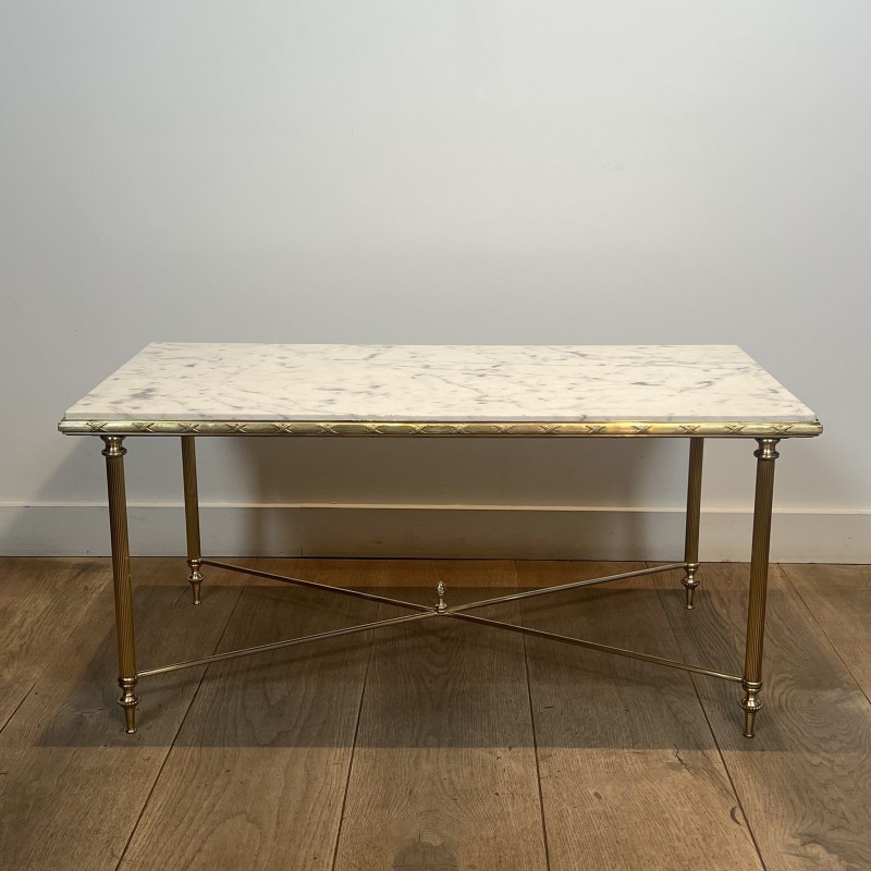Rectangular Brass Coffee Table with White Marble Top, Neoclassical, French Work, by Maison Jansen, circa 1950