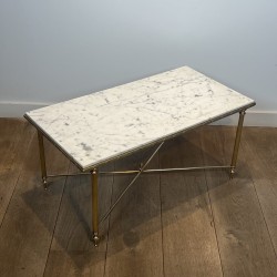 Rectangular Brass Coffee Table with White Marble Top, Neoclassical, French Work, by Maison Jansen, circa 1950