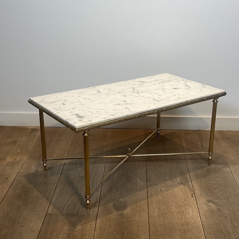 Rectangular Brass Coffee Table with White Marble Top, Neoclassical, French Work, by Maison Jansen, circa 1950