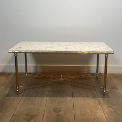 Table Basse Rectangulaire en Laiton à Plateau de Marbre Blanc, Néo-classique, Travail Français, de la Maison Jansen, vers 1950